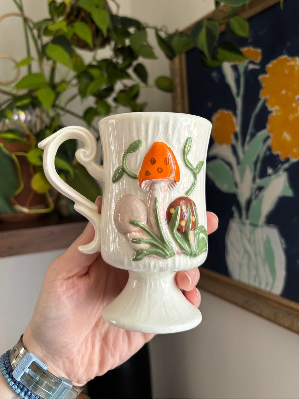 EUC Vintage 1970s Arnel’s Mushroom Botanical Leaves Ceramic Footed Mug w/ Handle